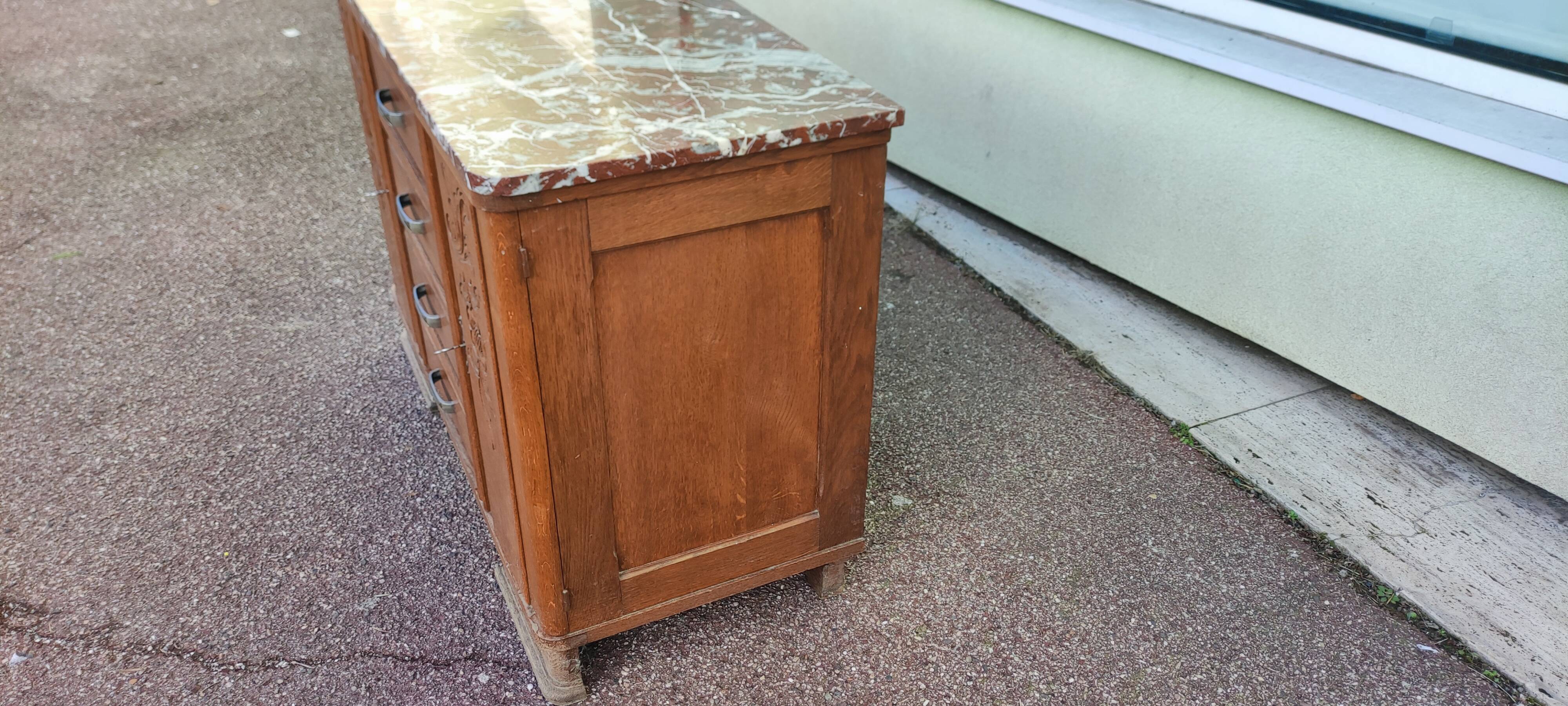 Small Buffet Commode Solid wood 4 drawer - Red marble - 1950