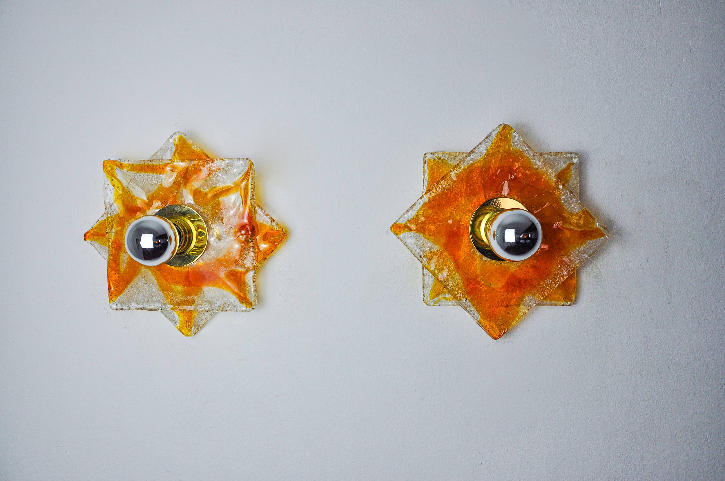 Pair of Murano Mazzega wall lights, orange frosted glass, Italy, 1970