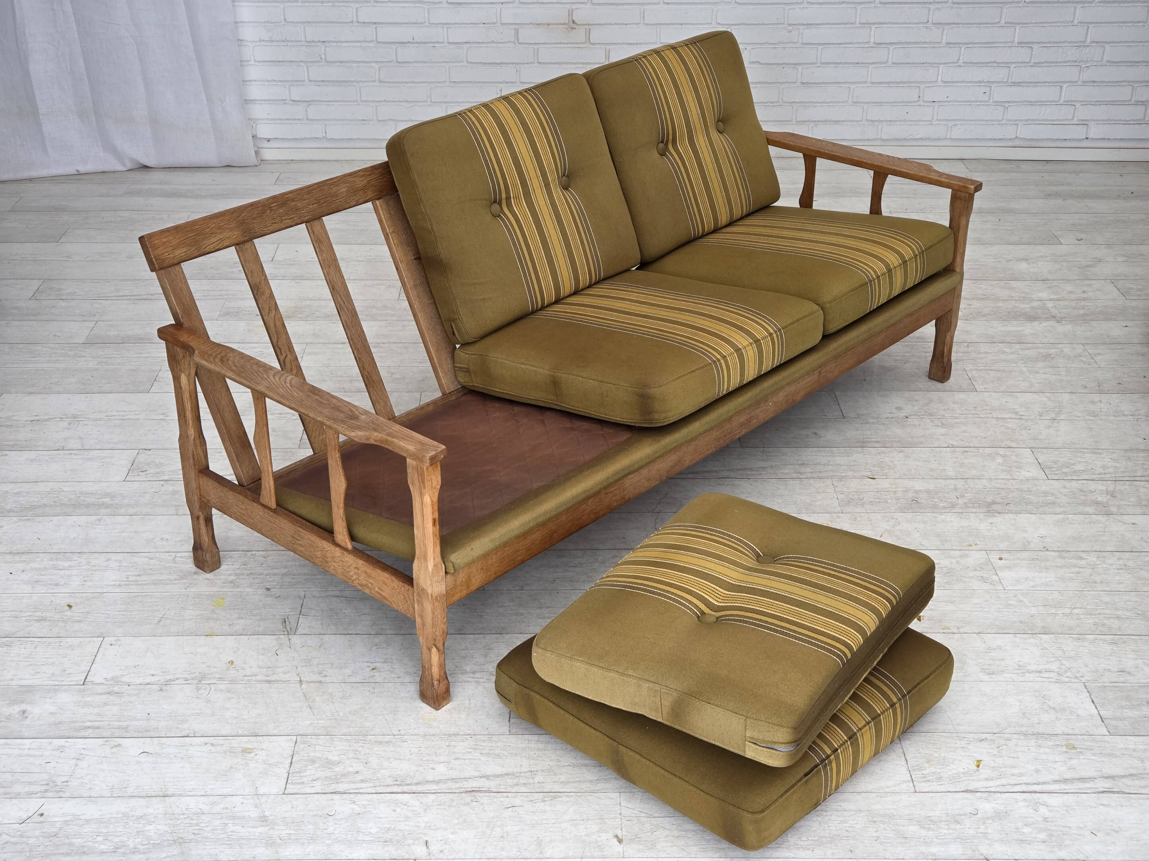 1970s, Danish 3-seater sofa, furniture wool, solid oak wood.