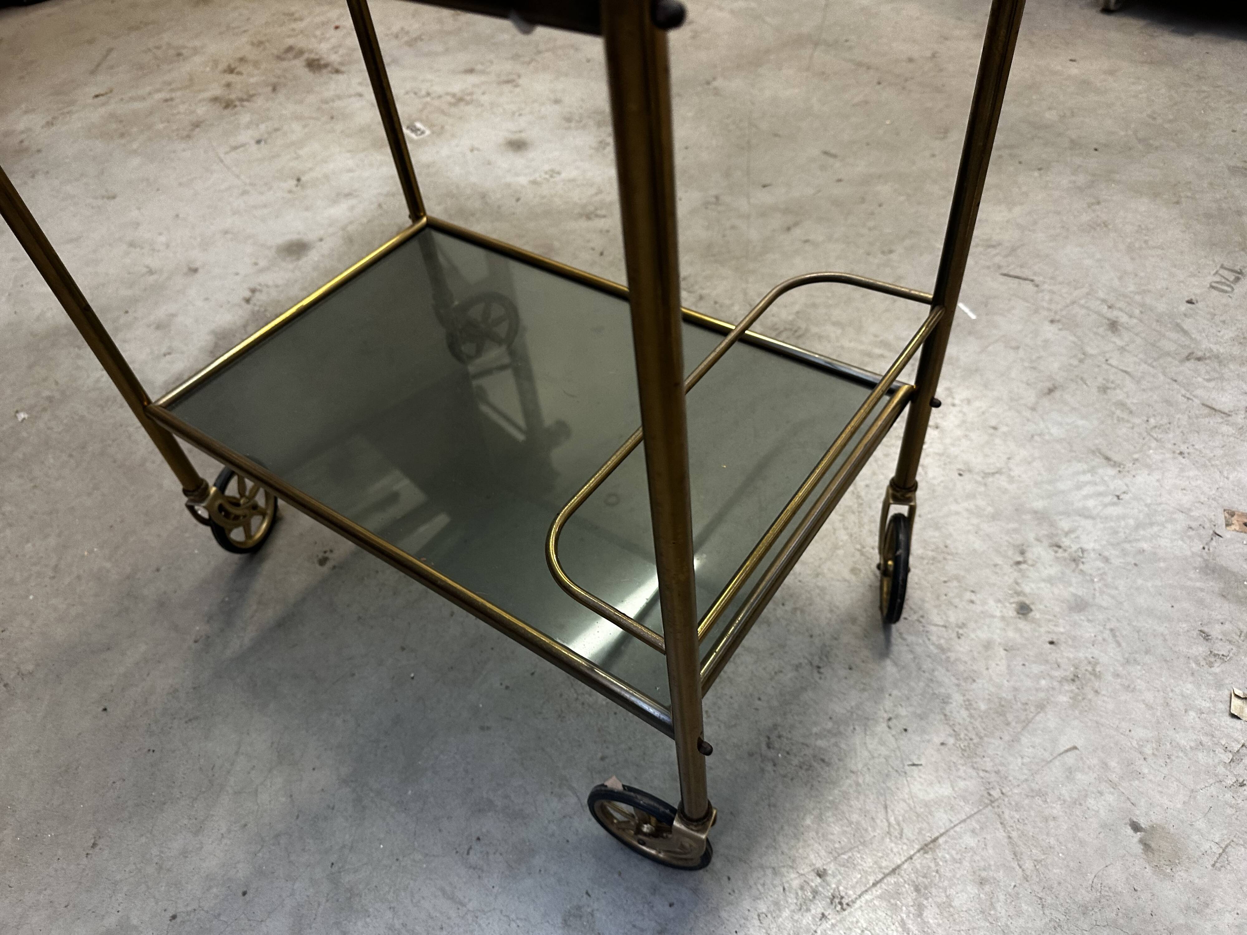 Vintage 70s serving trolley in gold metal and smoked glass