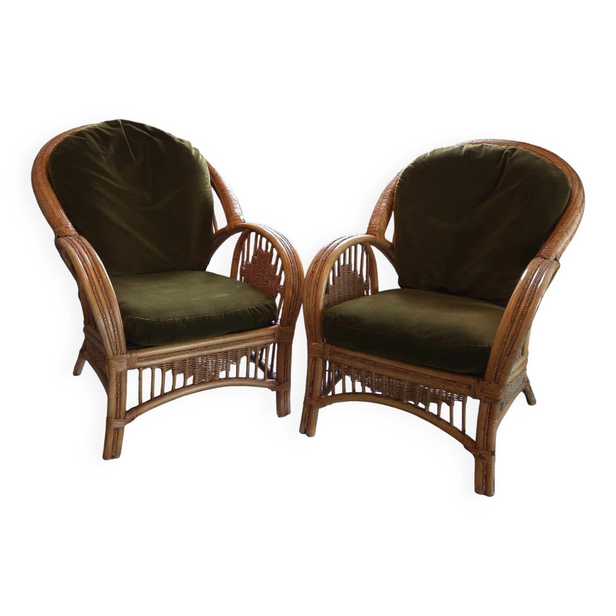 Paire de fauteuils en rotin, osier et bambou tressé, 1970