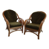 Pair of armchairs in rattan, wicker and woven bamboo, 1970