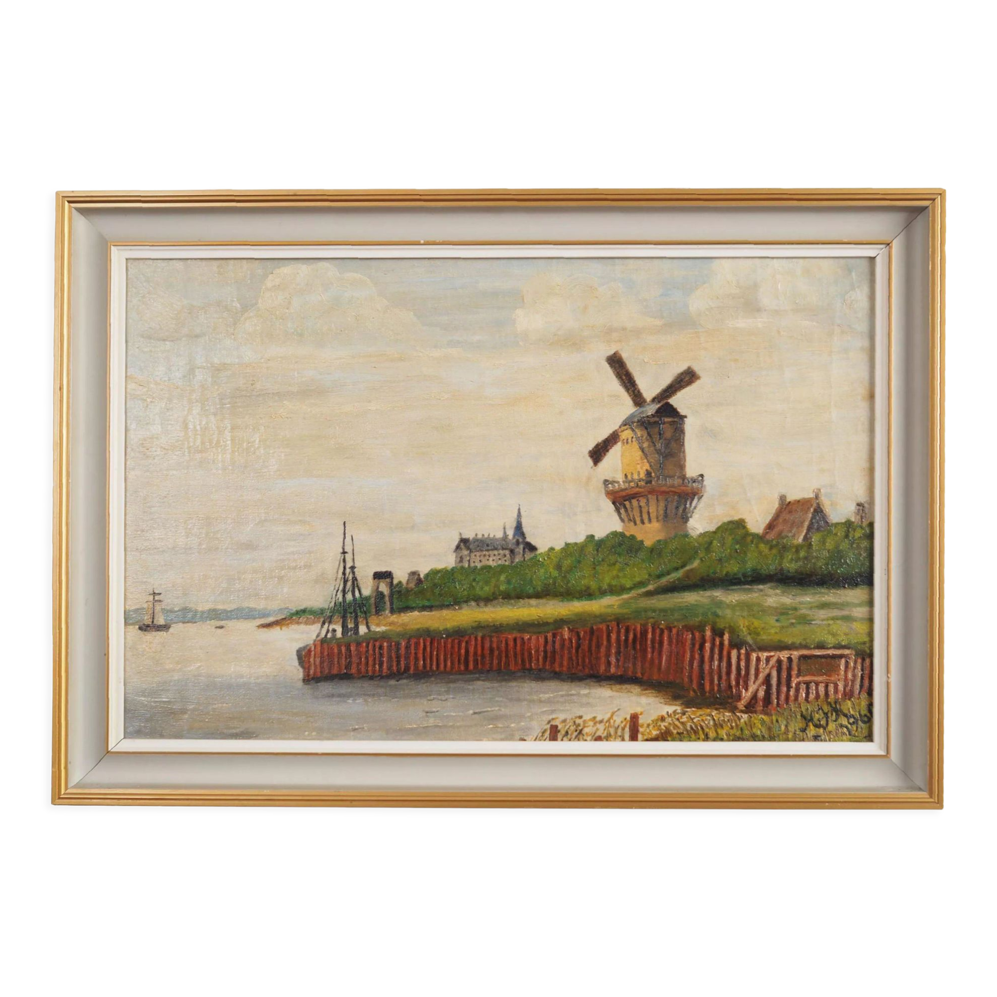 Peinture « Le moulin à vent au-dessus de la Marina », design scandinave, années 1970