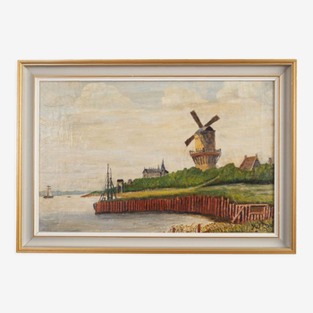 Peinture « Le moulin à vent au-dessus de la Marina », design scandinave, années 1970
