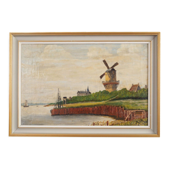 Peinture « Le moulin à vent au-dessus de la Marina », design scandinave, années 1970