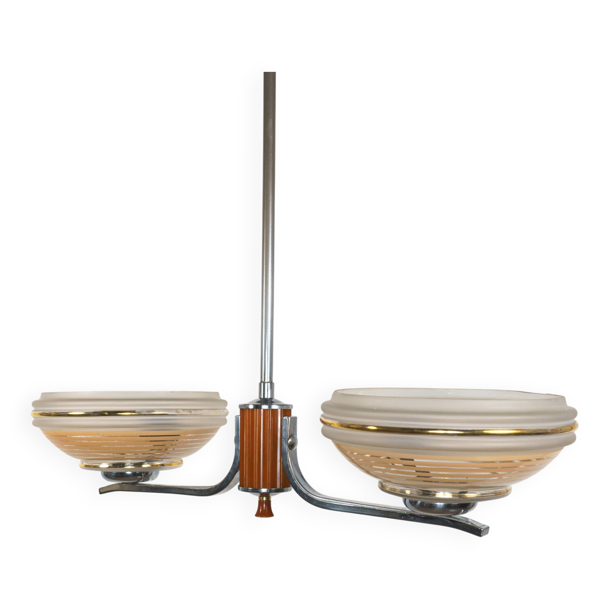 1930s English Art Deco 2-Arm Chrome & Butterscotch Bakelite Chandelier Lamp
