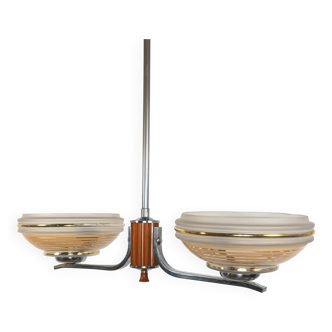1930s English Art Deco 2-Arm Chrome & Butterscotch Bakelite Chandelier Lamp