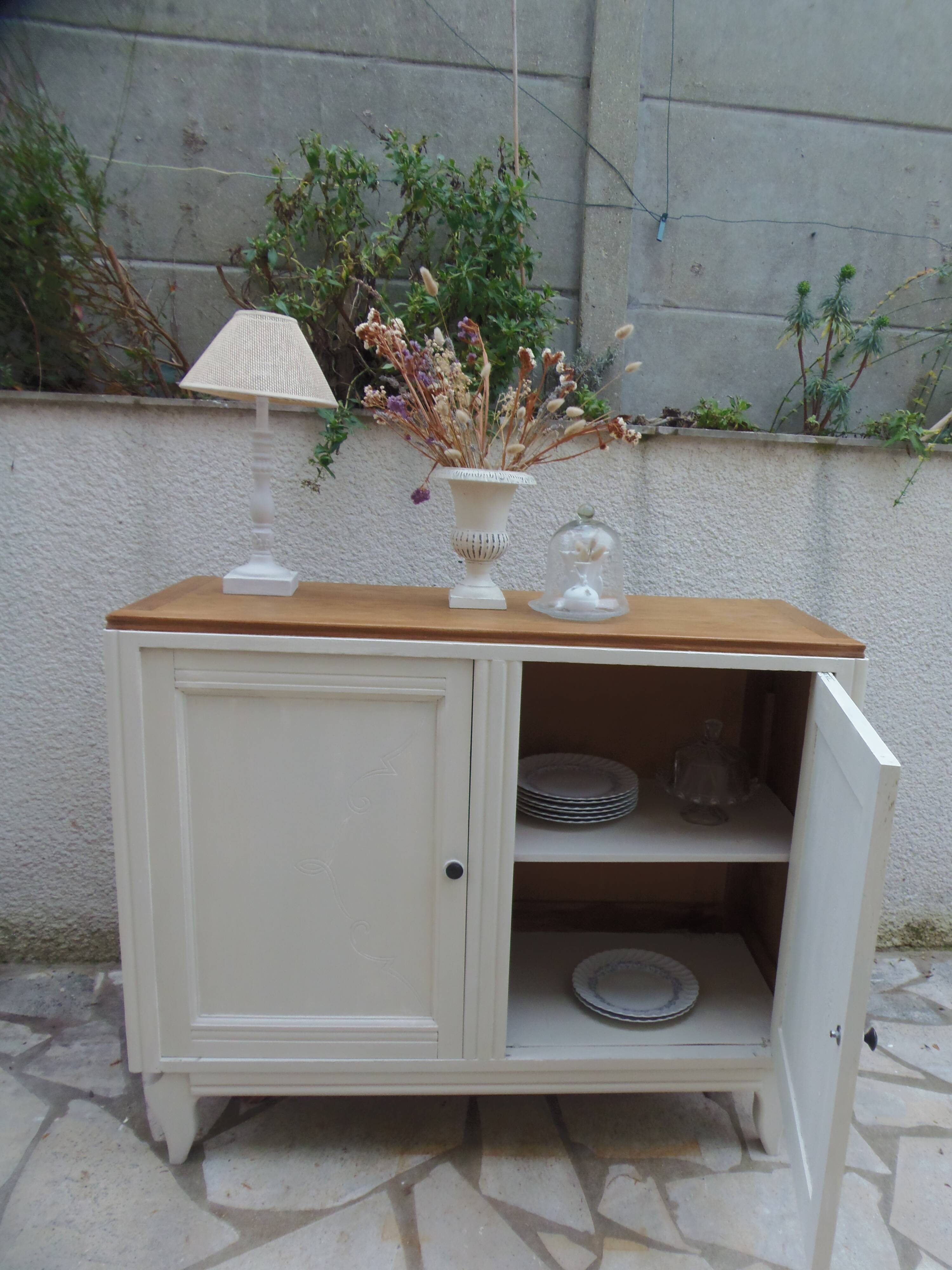 Vintage beige sideboard, oak top.
