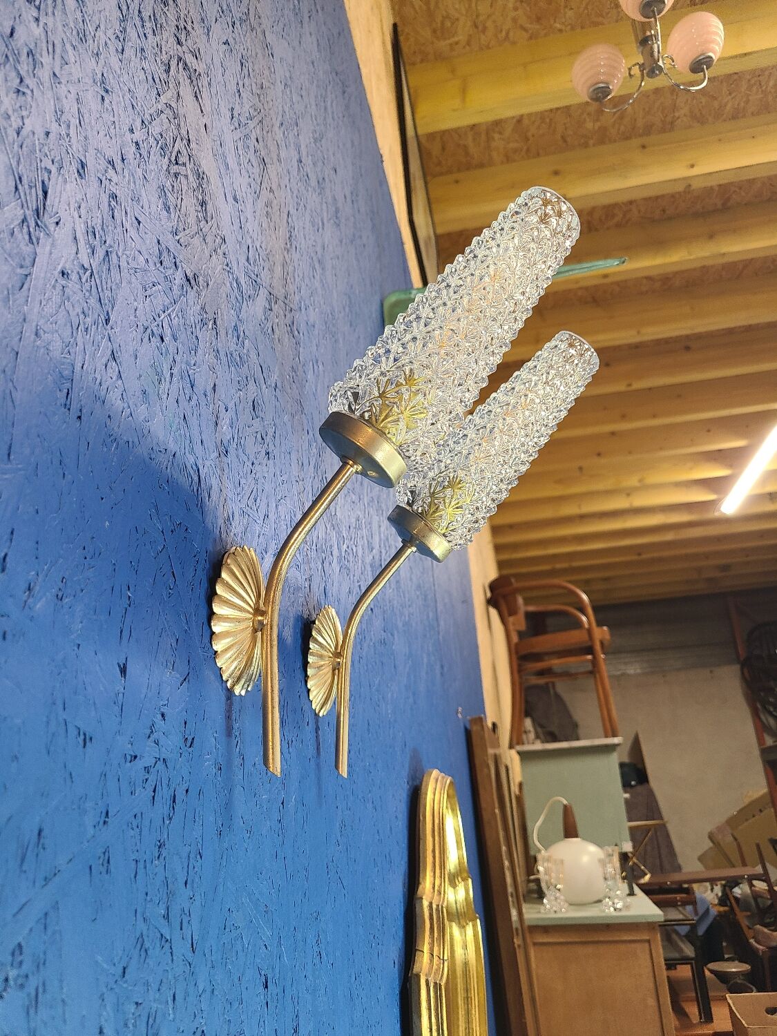 Pair of vintage 1970 glass and metal wall lights