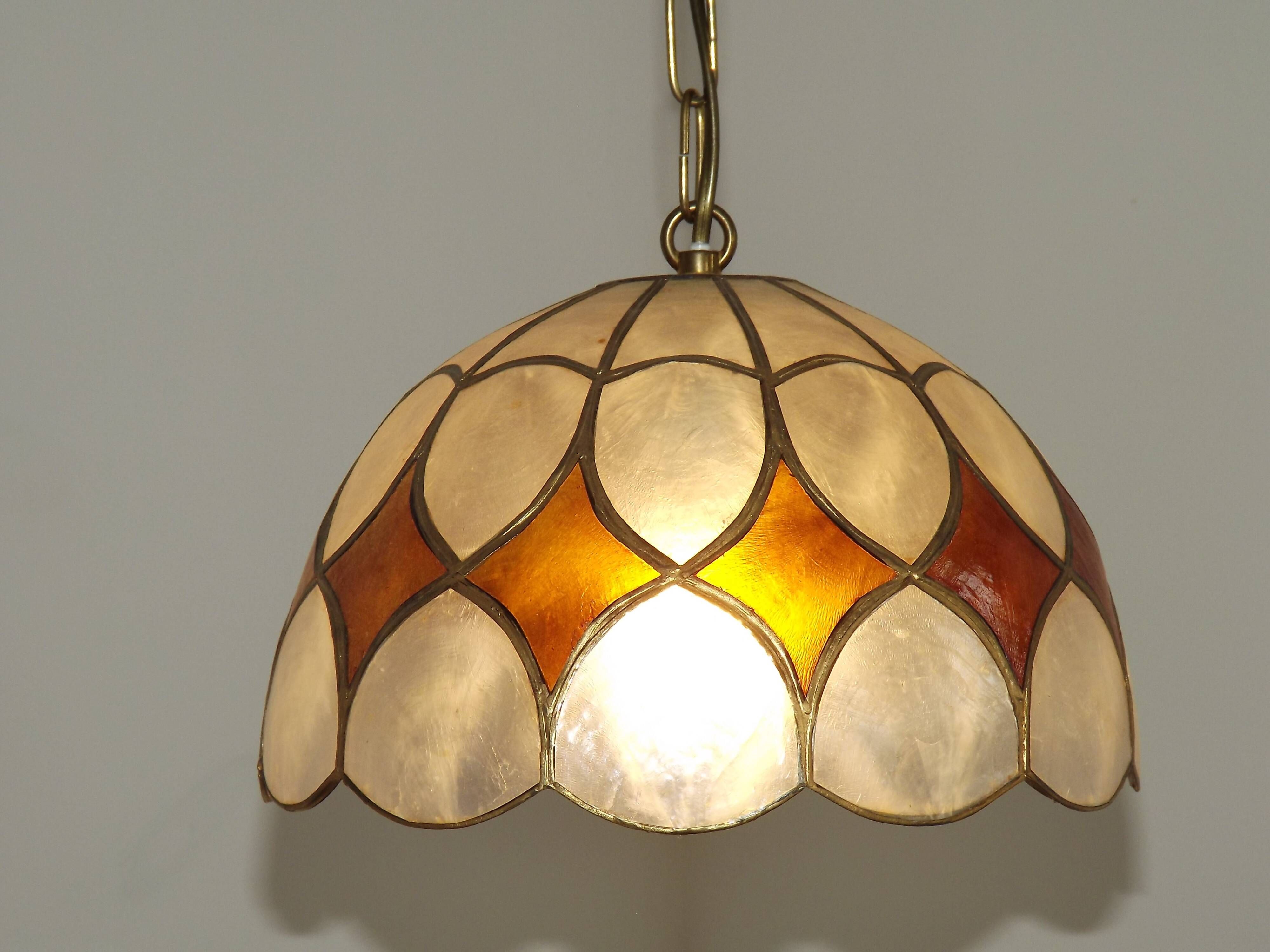 French Vintage Capiz Shell Hanging Pendant Light in Brown & White Gold Trim