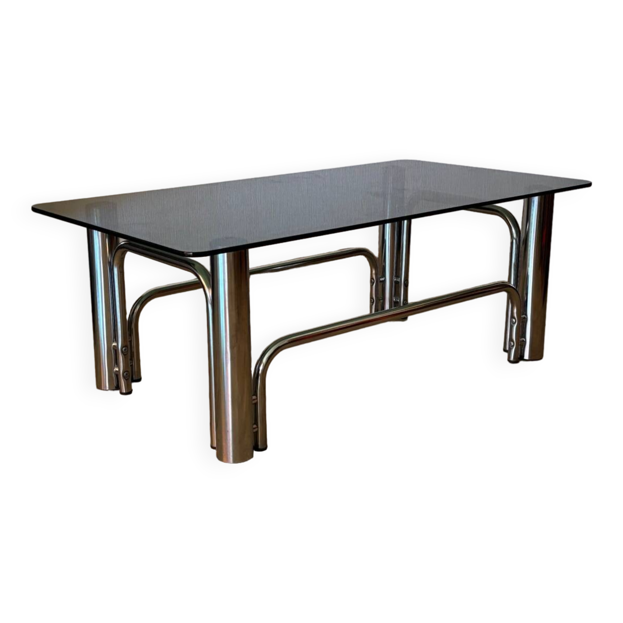 Vintage coffee table in chrome metal and smoked glass, 1970s