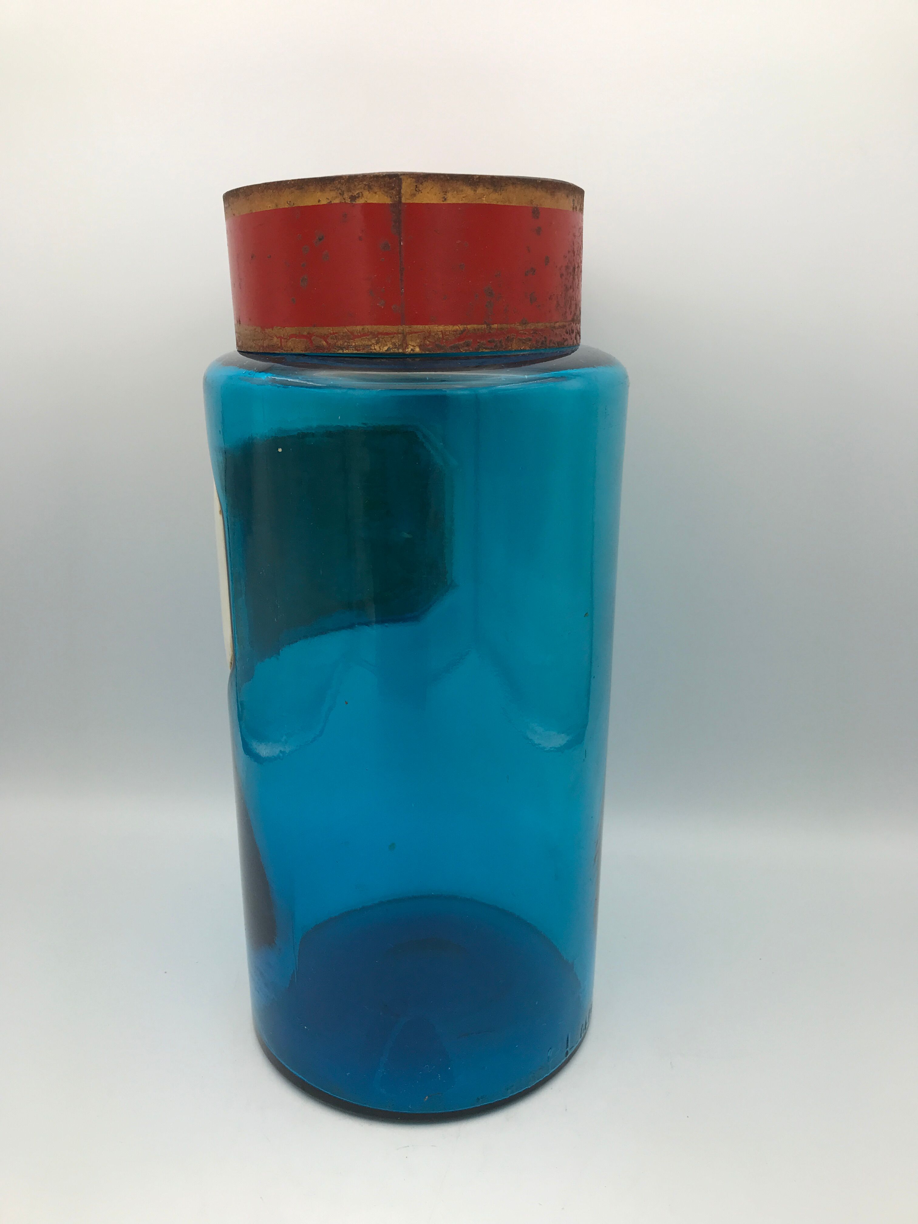 Flacon bocal de pharmacie apothicaire en verre bleu, plaque bourgeons de pin, 26,5 cm