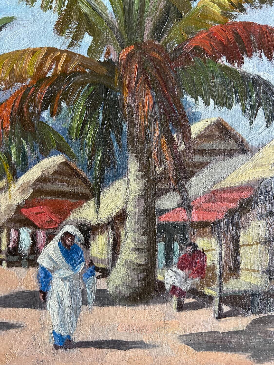 Village malgache, peinture à l'huile originale d'Ambroise Rakoto, vers 1955.