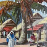 Village malgache, peinture à l'huile originale d'Ambroise Rakoto, vers 1955.