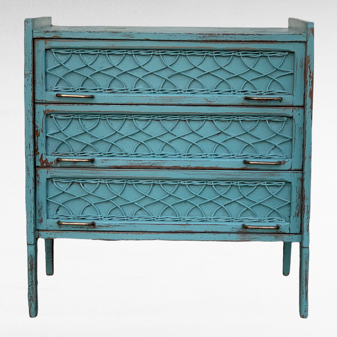 Vintage chest of drawers wood and rattan patina turquoise 1950