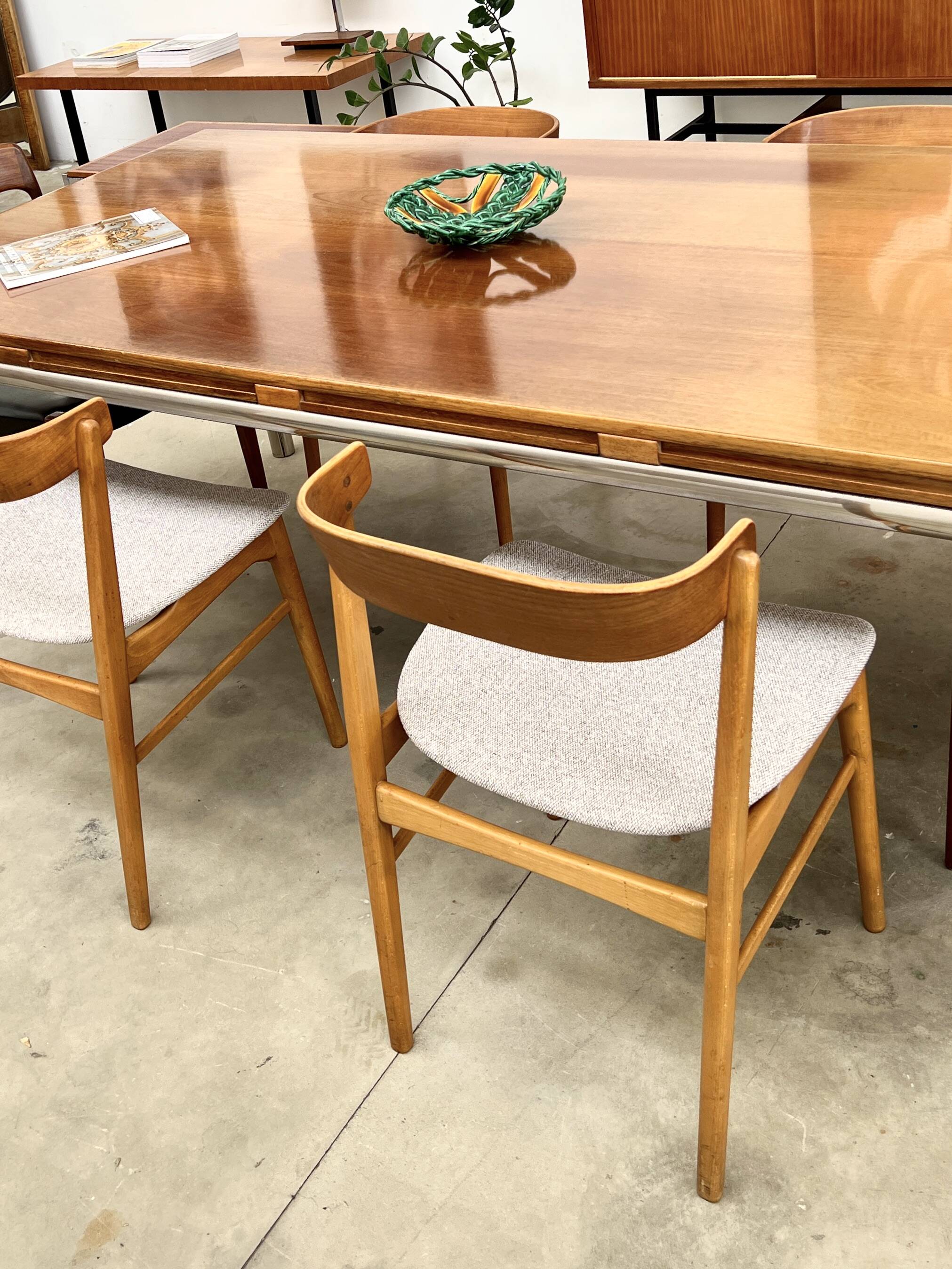 Italian walnut and chrome dining table with 4 drawers