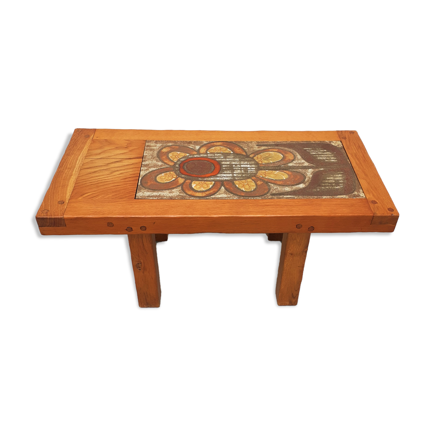 70s wooden coffee table with ceramic tray