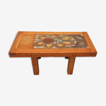 70s wooden coffee table with ceramic tray