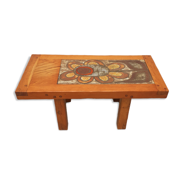 Table basse des années 70 en bois avec plateau en céramique
