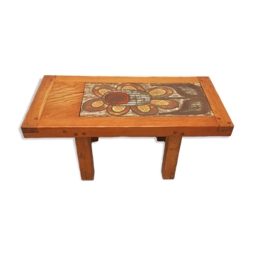 70s wooden coffee table with ceramic tray