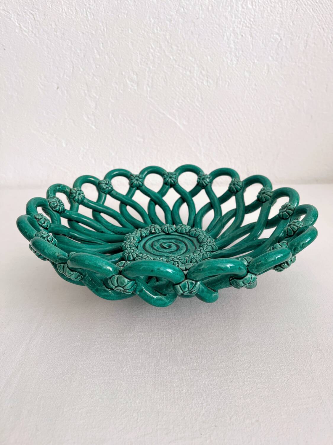 Vintage Vallauris green woven ceramic fruit bowl
