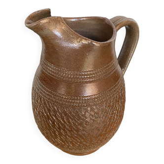 Antique brown stoneware pitcher geometric chiseled decor made in france vintage