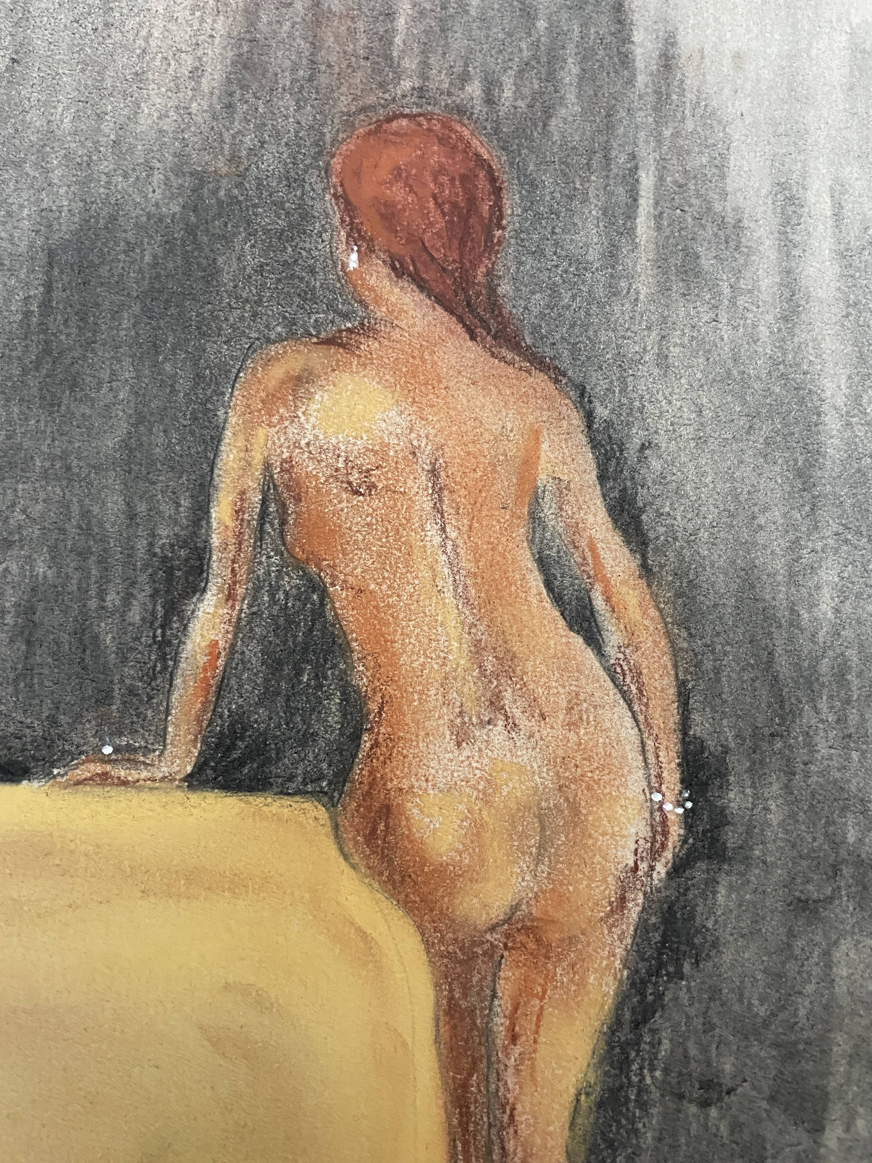 Painting signed pastel female portrait “the ocher sofa” 42x30 cm