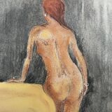 Painting signed pastel female portrait “the ocher sofa” 42x30 cm