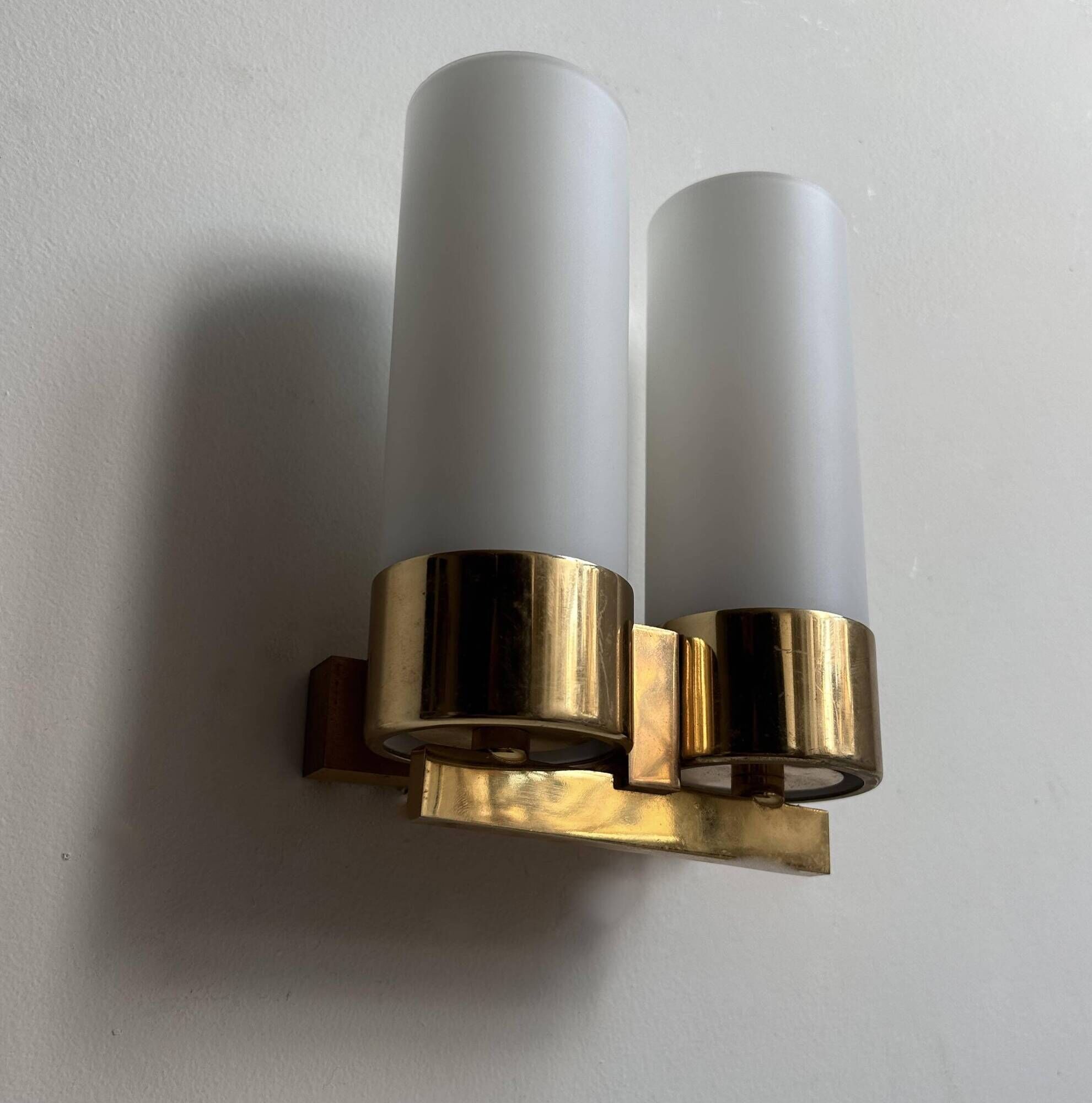 Vintage double wall lamp, brass and opaline, Leuchten Neuhaus Germany 1960