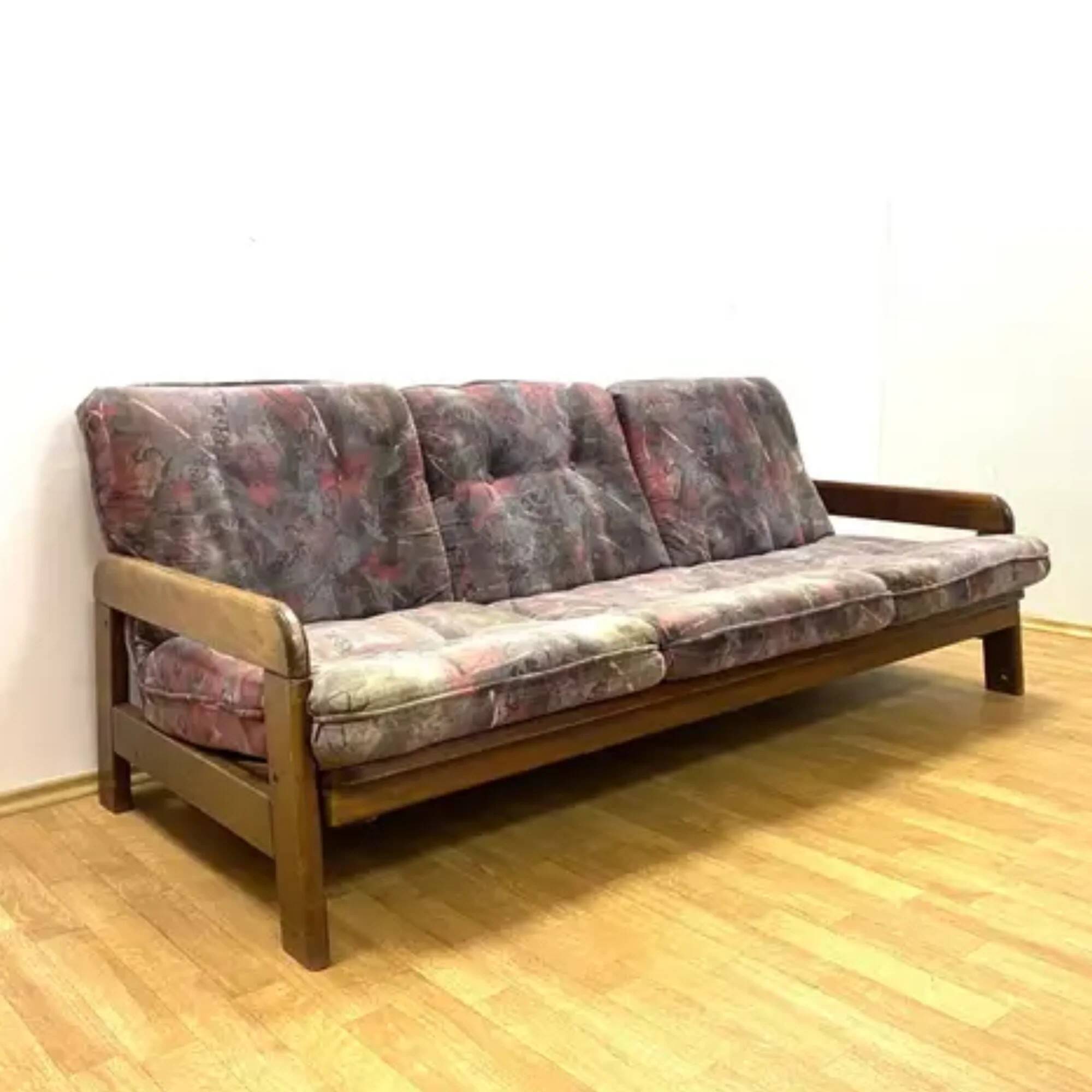 Retro sofa, solid wood frame, 1970s, Central Europe
