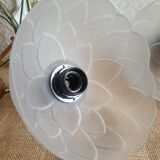 Pair of frosted glass flower pendant lights with vintage wood and brass