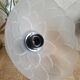 Pair of frosted glass flower pendant lights with vintage wood and brass