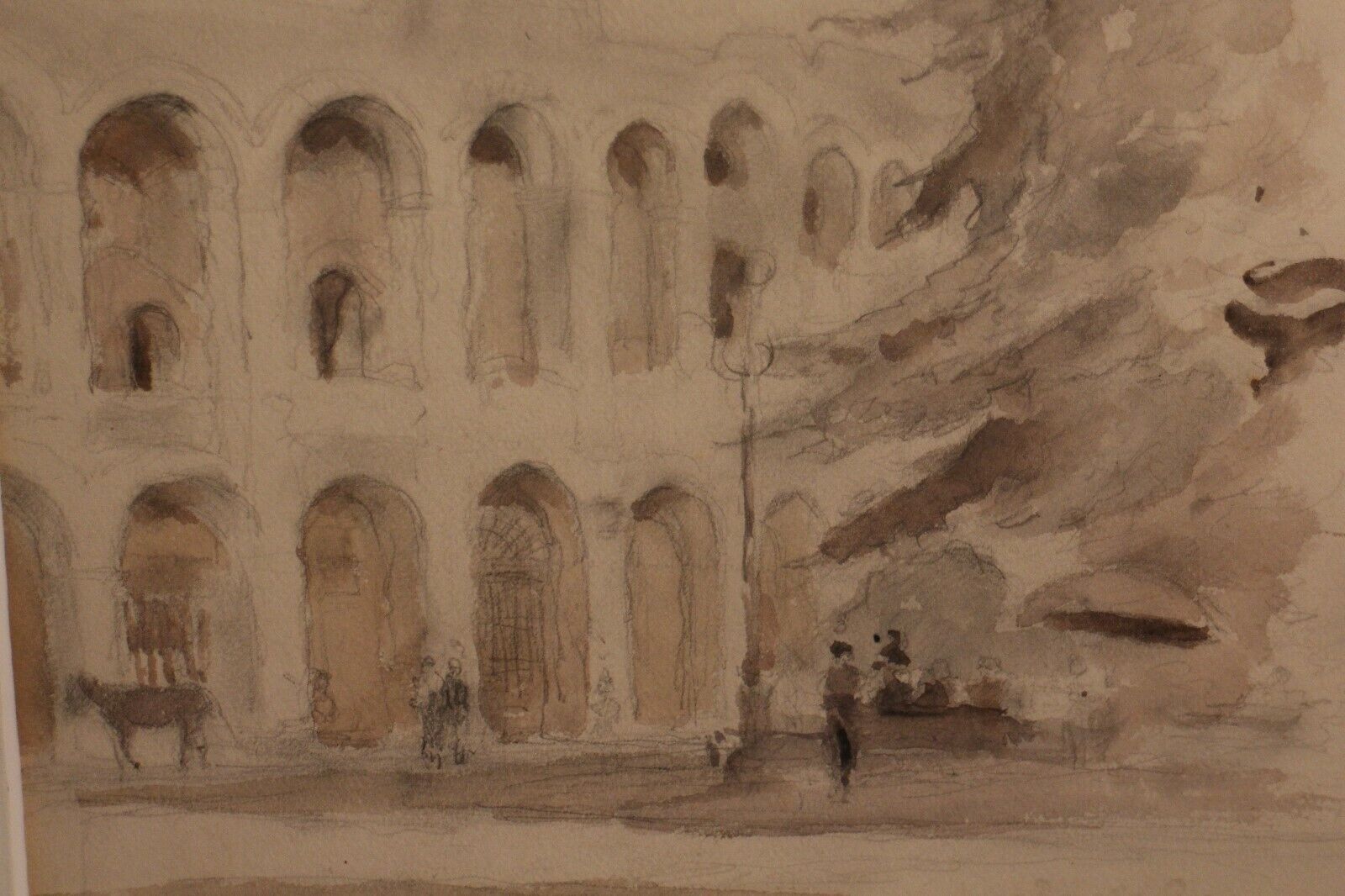 Ink wash drawing representing the arena of Verona