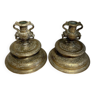Pair of Renaissance candlesticks in bronze late eighteenth early nineteenth