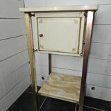 Bedside table in patinated iron, brass and marble tops
