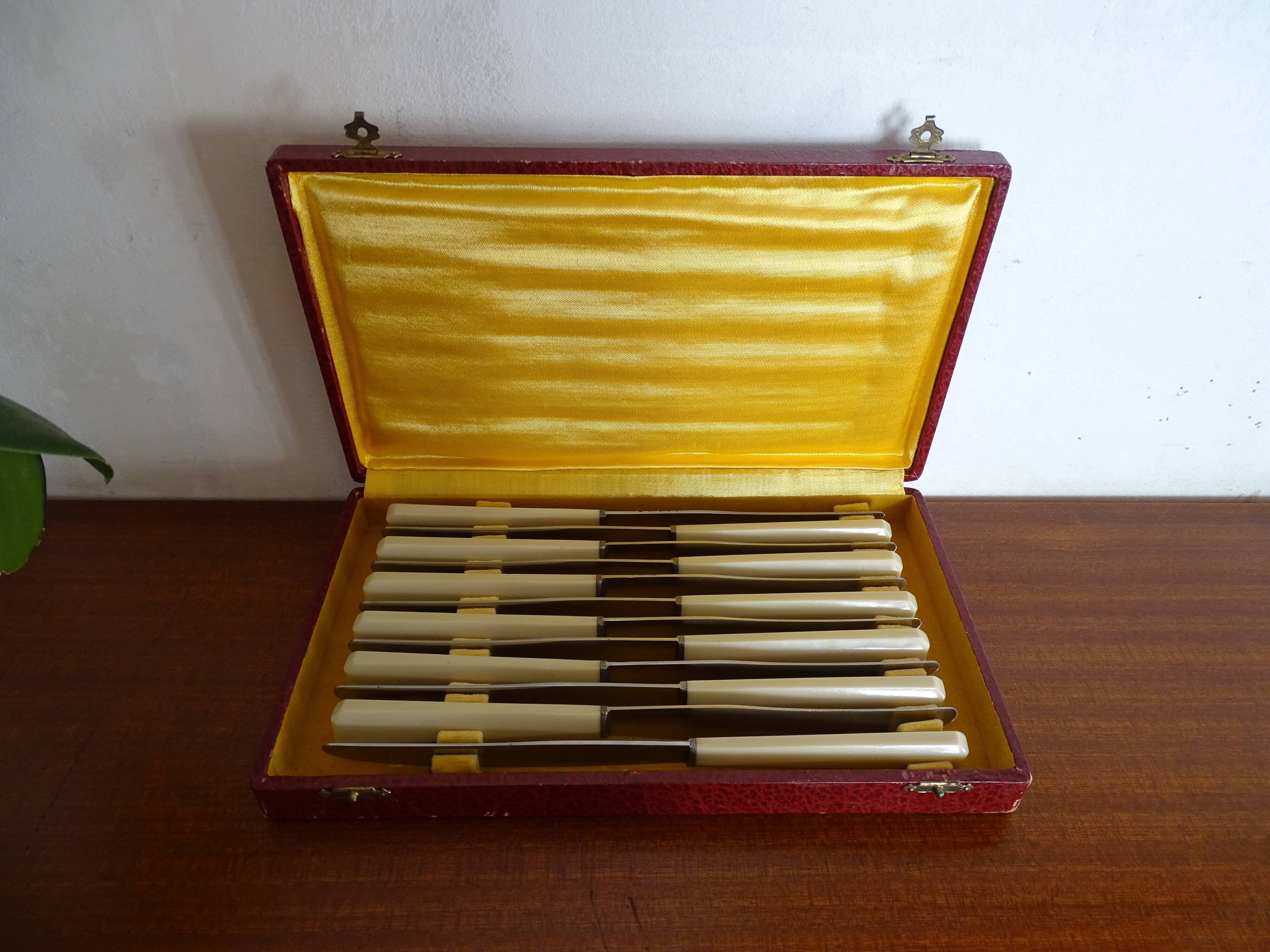 12 Art Deco knives 1930 bone or bakelite sleeves in case