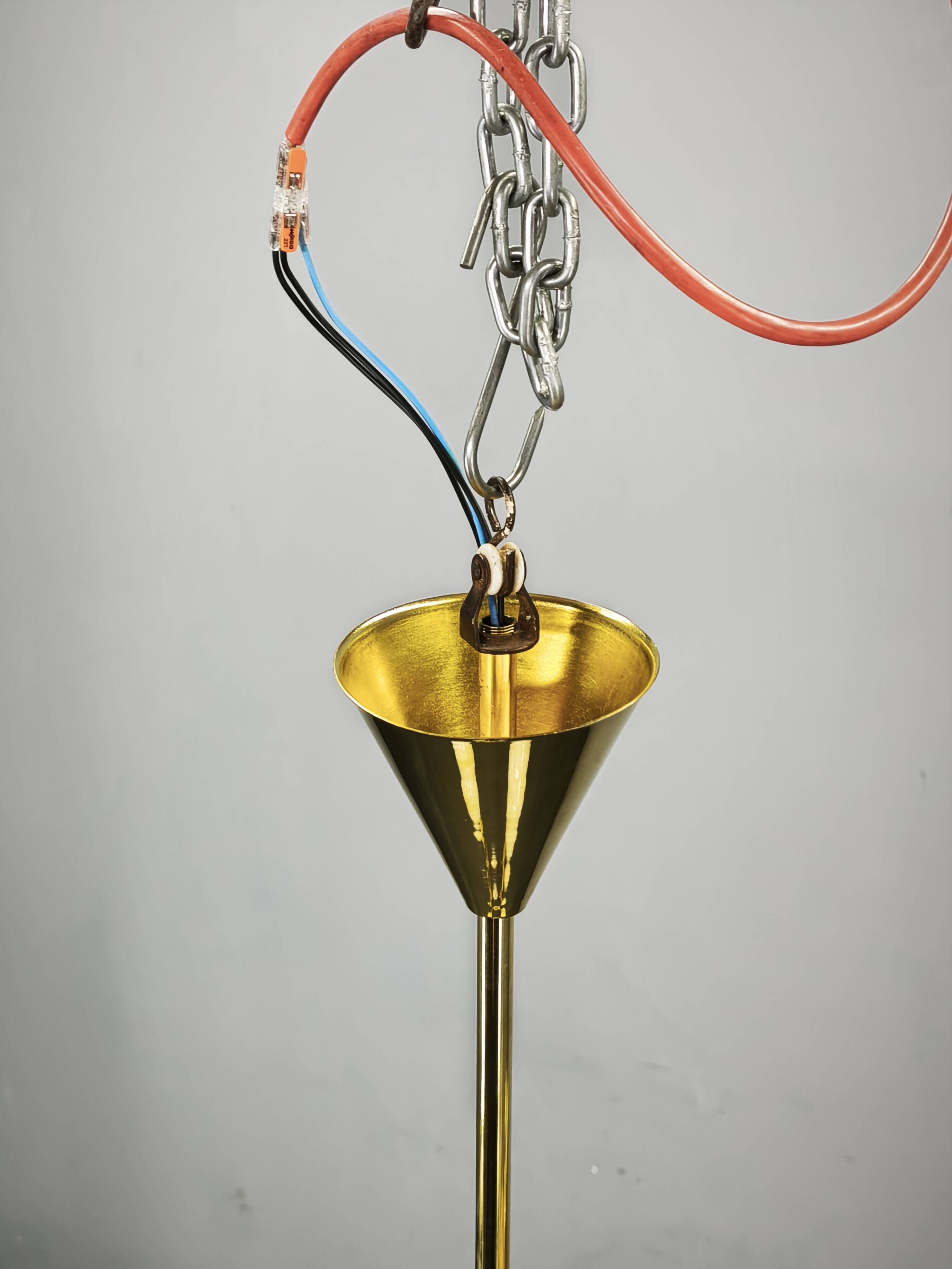 1930s Art Deco Brass and Opaline Glass Globe Chandelier, Czechoslovakia