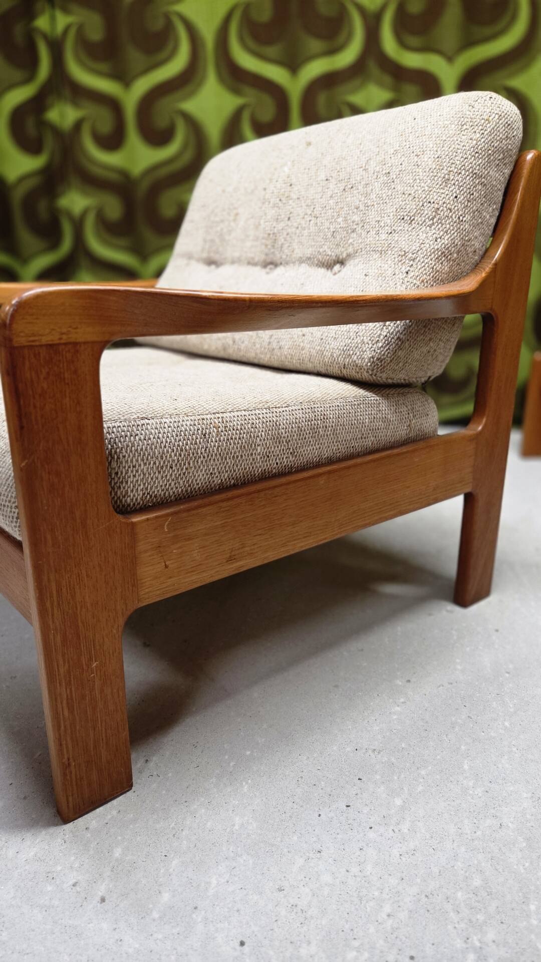 Fauteuil lounge scandinave en teck massif & ottoman 60/70