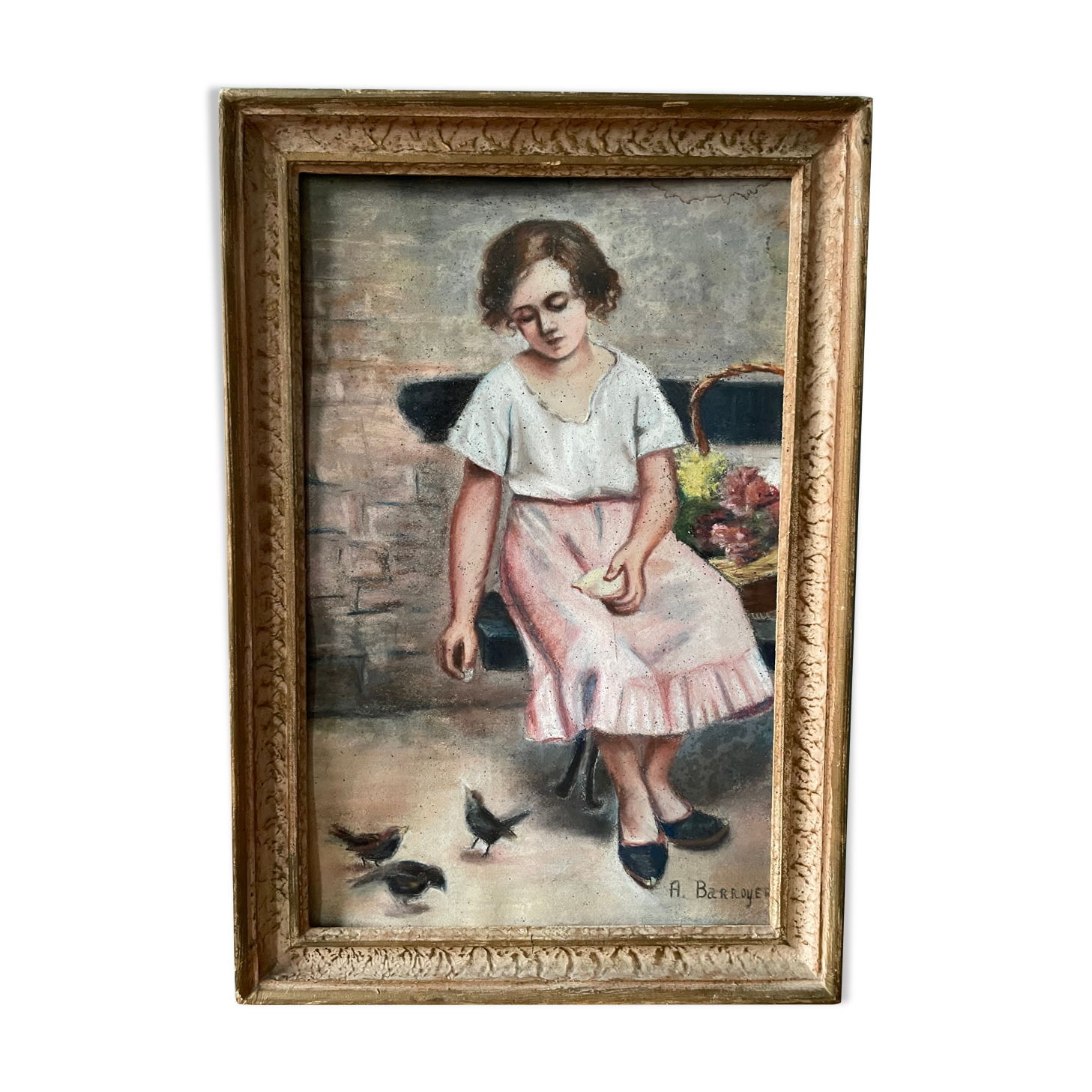 Old signed painting, drawing in bold pencil on cardboard