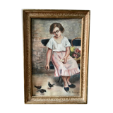 Tableau ancien signé, dessin au crayon gras sur carton