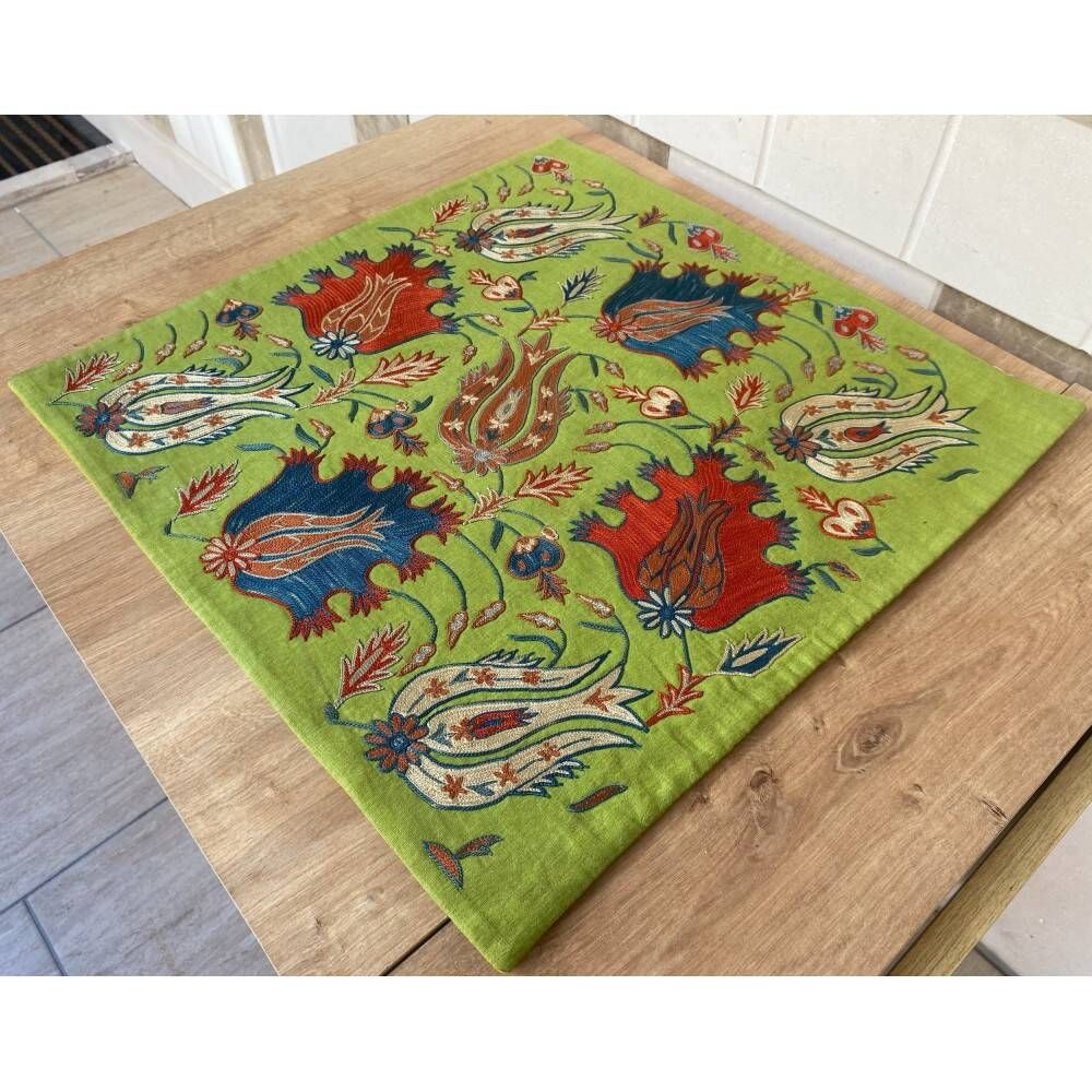 Silk Embroidered Floral Cushion Cover. Green Pillow Cover. Uzbek Suzani Throw Pillow. Traditional Accent Pillow