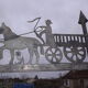 Metal and zinc weather vane, decor a l'attelage charette