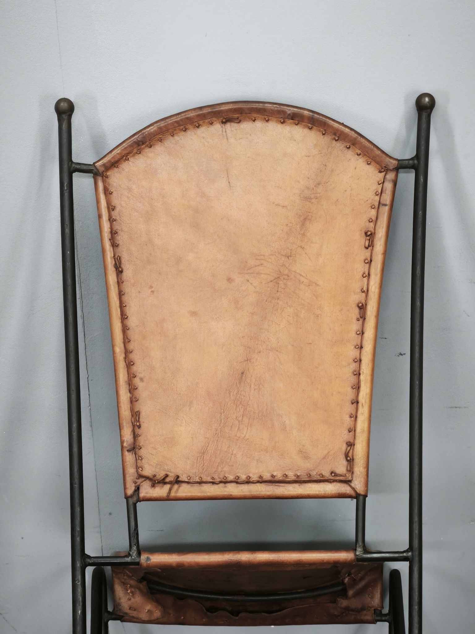 1990s European Brutalist Wrought Iron and Hand-Stitched Cognac Leather Dining Chair
