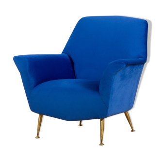 Italian vintage mid century modern blue velvet armchair 60
