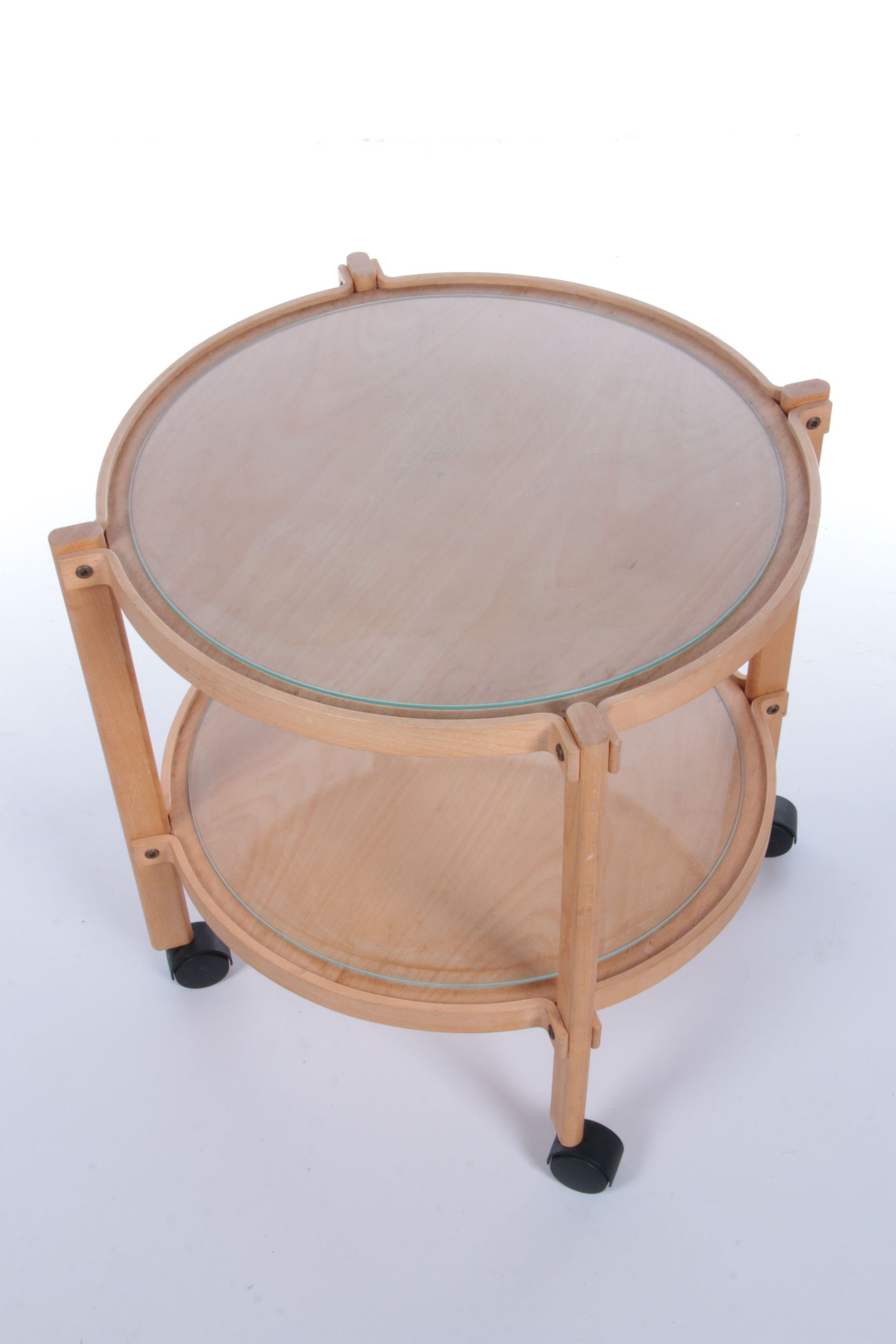 Scandinavian wooden trolley with glass plates and wheels 1970