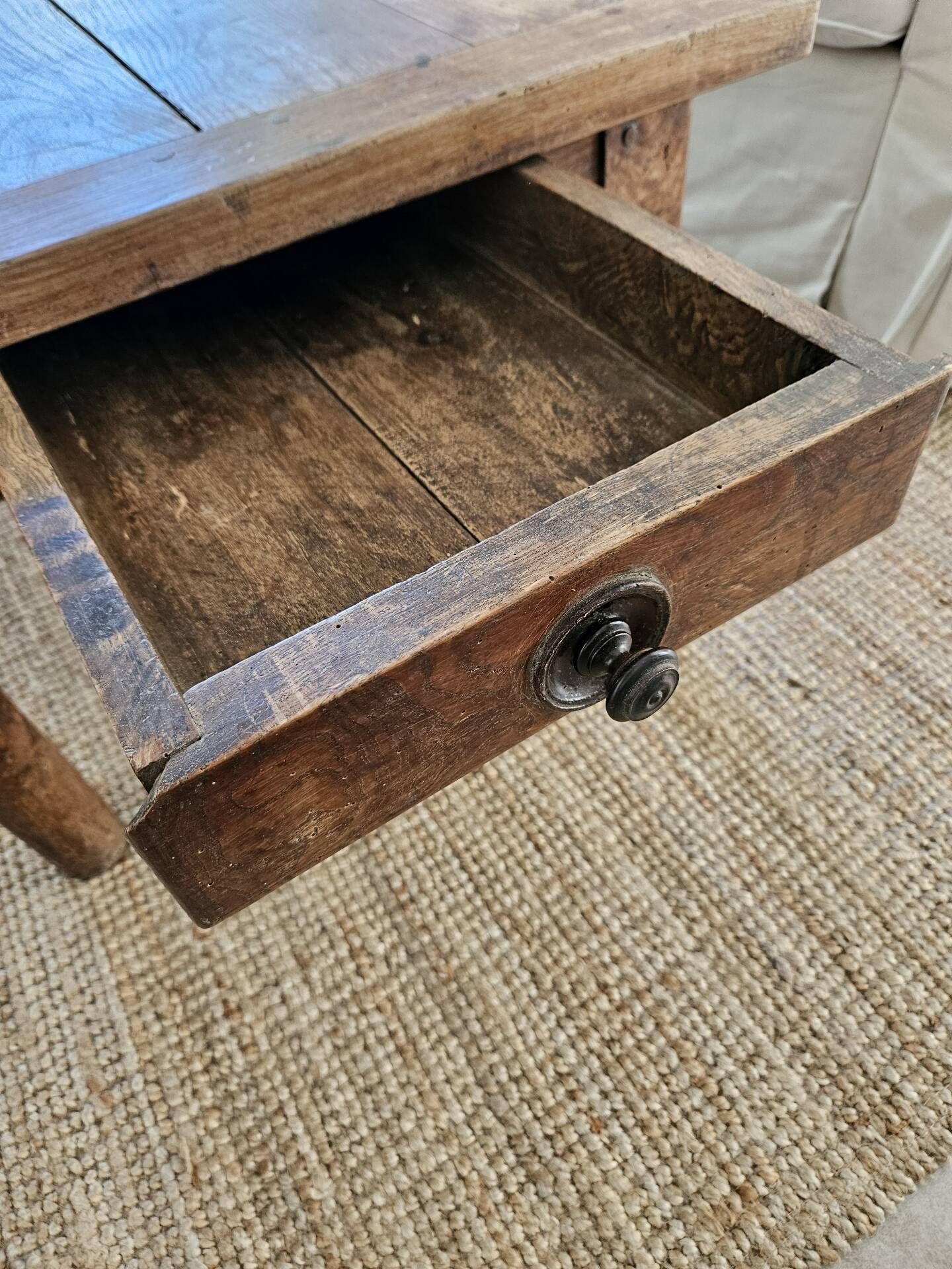 XXL coffee table in solid raw elm wood with 2 drawers, rustic antique.