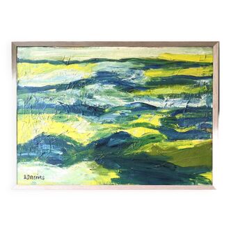 Mid-Century Modern Swedish "Waves" Vintage Abstract Oil Painting, Framed