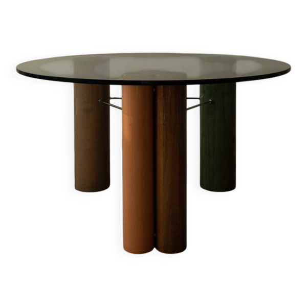 Table à manger vintage Saporiti Italia – Base en colonne émaillée - Années 1980