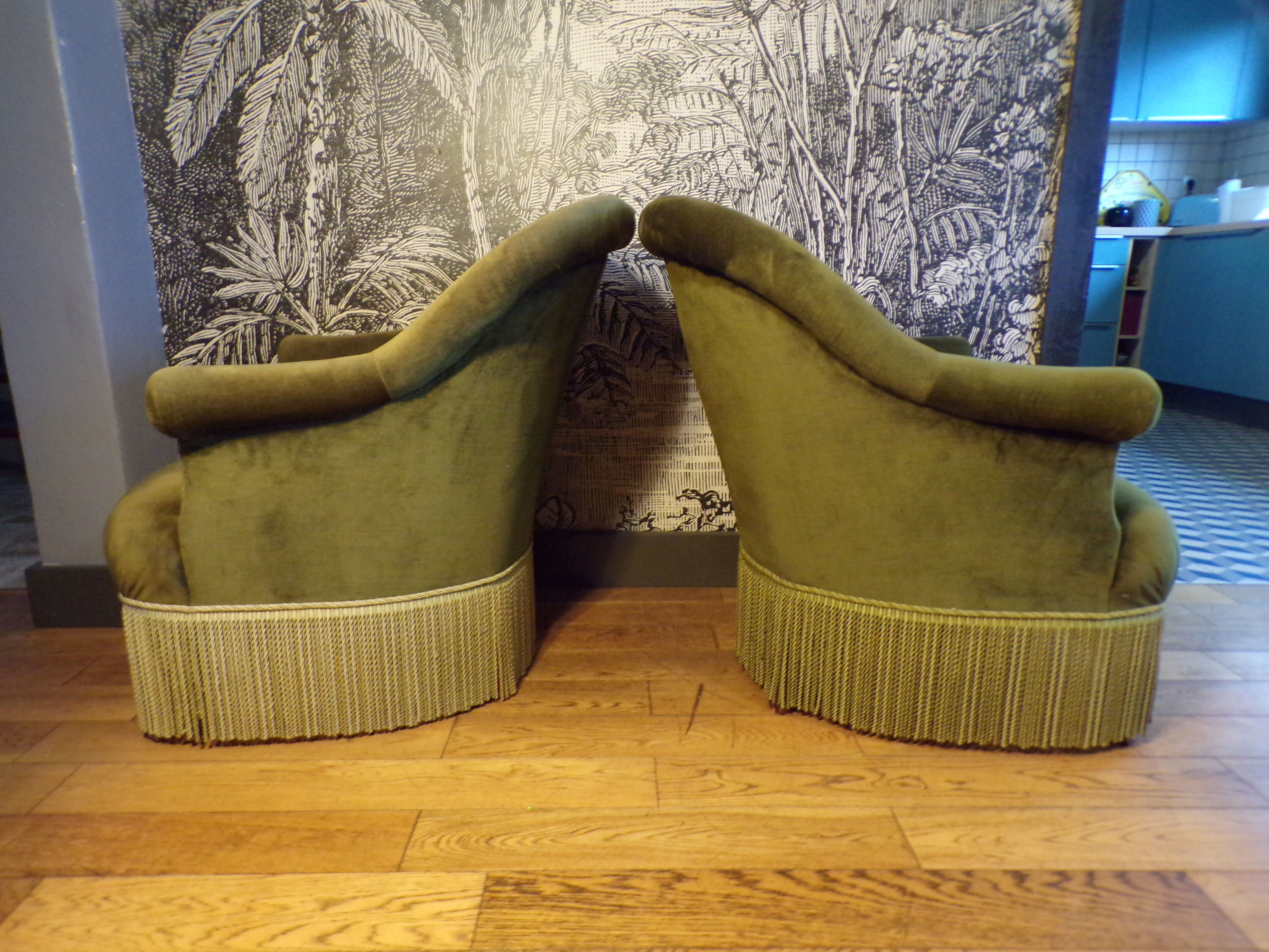 Pair of green velvet toad armchairs