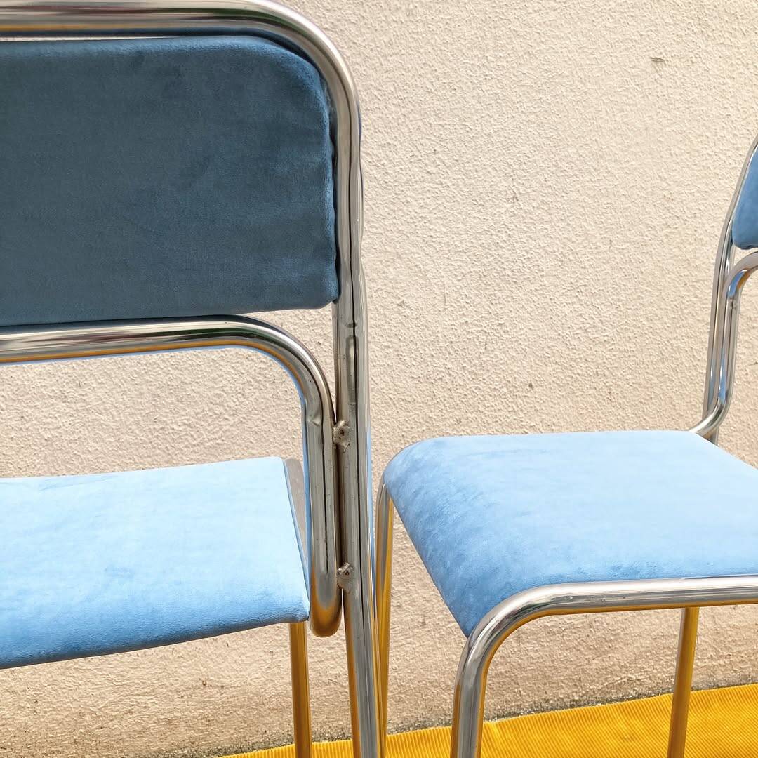 Pair of 70s chrome chairs – sky blue velvet seat